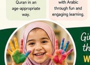 Happy preschool student with colorful painted hands